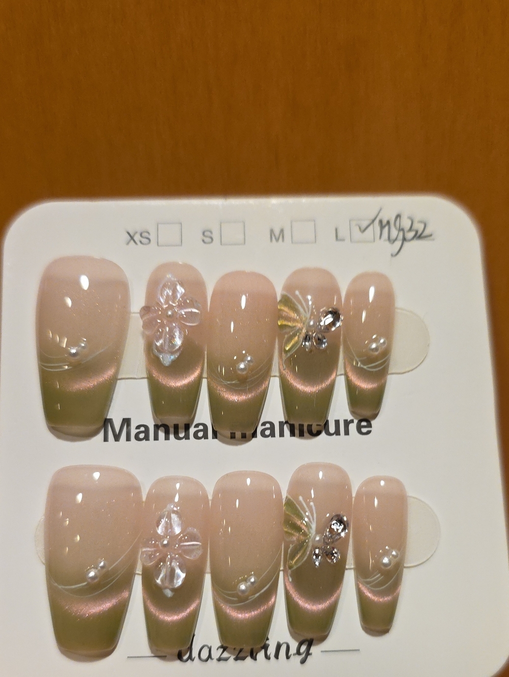 Neutral Pink Pearl Press-On Nail Set with Floral Accents Size Large
